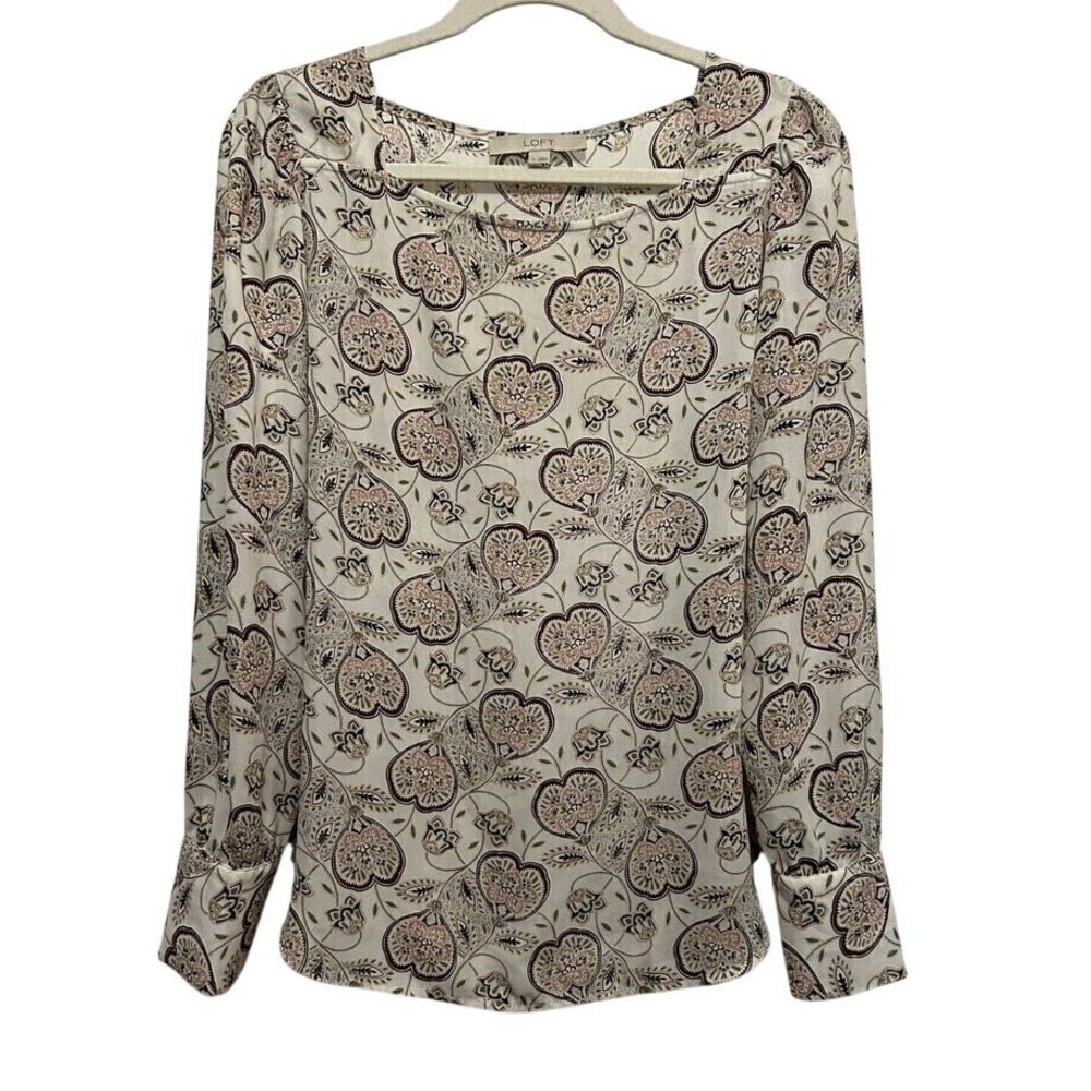 LOFT Pink Floral Square Neck Blouse Womens Small Blouson Long Sleeve Top elegant